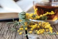 Sping flowers and open books on table