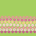 Sping flowers seamless vector repeat border. Hand drawn floral border coral yellow pink green. Scandinavian doodle flat ditsy