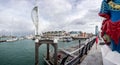 The Spinnaker Tower and Gunwharf Quays waterfront restaurants and shops in Portsmouth, Hampshire, UK