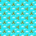 Spinner. A pattern of yellow spinners in a flat style. Spinners are spinning against the sky. Flat, white clouds. A modern antistr