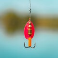 A spinner with a triple hook for fishing hangs on a fishing line. Selective focus.