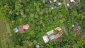 spinning aerial shot of secluded houses in dense jungle