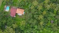 spinning aerial shot of secluded houses in dense jungle