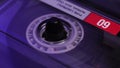 Spinning Audio Cassette Tape Reel During Playback, Macro Close Up