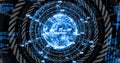 Spinning blue wireframe globe at virtual interface center, with concentric rings and floating data Royalty Free Stock Photo