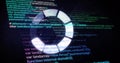 Spinning circular loading spinner overlaying code editor view, with scrolling JavaScript code text Royalty Free Stock Photo