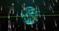 Spinning data globe in dark grid, streaming binary code, neon green waveform, floating data points Royalty Free Stock Photo