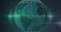 Spinning digital globe showing network grid in digital scene with green binary code, lens flare Royalty Free Stock Photo