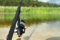 Spinning fishing is an exciting activity. Sport fishing. Copy space. Royalty Free Stock Photo