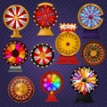 Spinning fortune wheel lucky roulette casino gamble lottery play winner chance spin slot machine vector illustration.