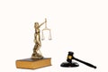 Spinning image of Goddess of Justice on Law Tiger Skin and Judge`s Hammer on white background. Royalty Free Stock Photo