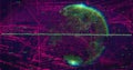 Spinning neon point-cloud globe showing data on virtual dashboard, with waveform and grid overlays Royalty Free Stock Photo