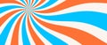 Spinning radial lines background. Orange blue curved sunburst wallpaper. Abstract warped sun rays and beams comic Royalty Free Stock Photo