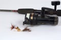 Spinning reel and lures Royalty Free Stock Photo