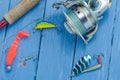 Spinning, reel, wobblers and silicone bait. Hard bait. Royalty Free Stock Photo