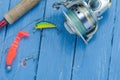 Spinning, reel, wobblers and silicone bait. Hard lures. Royalty Free Stock Photo