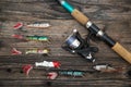 Spinning rod, reel and fishing baits Royalty Free Stock Photo