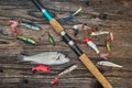 Spinning rod, reel and fishing baits Royalty Free Stock Photo