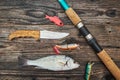 Spinning rod, reel and fishing baits Royalty Free Stock Photo