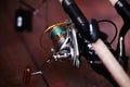 Spinning rod, reel, fishing line Royalty Free Stock Photo