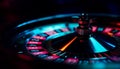 Spinning roulette wheel illuminates dark casino, risking wealth and addiction generated by AI