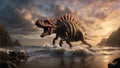 Sunset Predator: Spinosaurus Roaming the Ancient Seashore