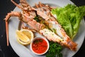 spiny lobster food on white plate, fresh lobster or rock lobster seafood with herb and spices lemon coriander parsley lettuce