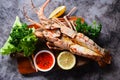 spiny lobster food on wooden cutting board, fresh lobster or rock lobster seafood with herb and spices lemon coriander parsley on