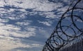 Spiral Barbed Wire Fence with Bright Blue Sky and Clouds in Backgroud