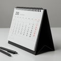 Spiral-bound desk calendar displayed on a white surface with a black triangular stand.