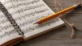 Pencil and Spiral Notebook with Sheet Music on Wooden Desk Royalty Free Stock Photo