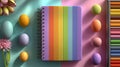 Spiral-bound notebook with a rainbow-striped cover lies centrally on a pastel split background Royalty Free Stock Photo