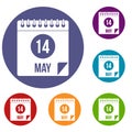 Spiral calendar page 14th of May icons set Royalty Free Stock Photo