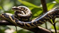 Spiral Coiled Boa Constrictor Resting on Branch in Dappled Light Royalty Free Stock Photo