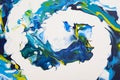 Spiral of dark blue, light blue and yellow colors on a white background.Modern abstract painting