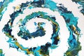 Spiral of dark blue, turquoise, orange colors on a white background. Modern abstract painting