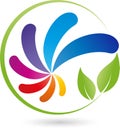 Spiral of drops in color and leaves, painter and colors logo