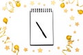 Spiral empty white notepad on festive christmas background. 2020 new year and christmas decorations. Holidays concept top Royalty Free Stock Photo