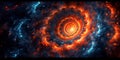 A spiral galaxy with a bright orange and blue center, AI