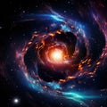 A spiral galaxy with a bright orange center and dark outer ring, AI