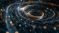 A spiral galaxy of interconnected dots and lines representing the vast network of crypto donations and their impact on