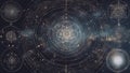 spiral galaxy in space Sacred geometry symbols and elements background. Cosmic universe bi g bang alchemy Royalty Free Stock Photo