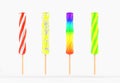 Spiral ice cream, candy or lollipop on wooden stick, 3d render. Set of fruit popsicle, striped sweets caramel Royalty Free Stock Photo