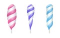 Spiral lollipop. Cartoon sweet lolly candies. Swirl bonbon on stick with stripes in white and pink, purple or blue Royalty Free Stock Photo