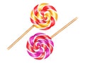 Spiral lollipops, circle candies. Bonbons with striped swirls, sugar caramel on stick. Watercolor illustration isolated on white. Royalty Free Stock Photo