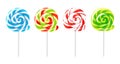 Spiral lollipops. Realistic different colors round candies, sucking sweets, swirling striped caramel on stick, sugar Royalty Free Stock Photo