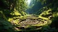 A spiral maze in the middle of a forest. Generative AI image.