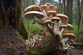 a spiral of mushrooms growing out of a fallen tree log