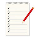 Spiral Notebook with Copy Space, Checkmarks, Big Red Pencil Royalty Free Stock Photo