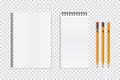 Spiral Notebook Templates With Pencil Icons - Vector Mock Up Illustrations With Copy Space Isolated On Transparent Background